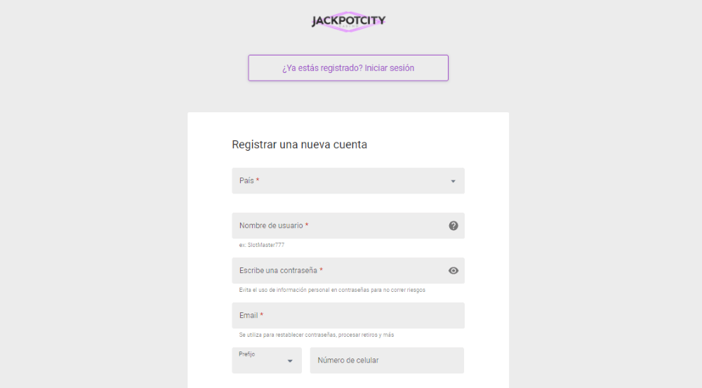 Proceso de registro en JackpotCity Casino